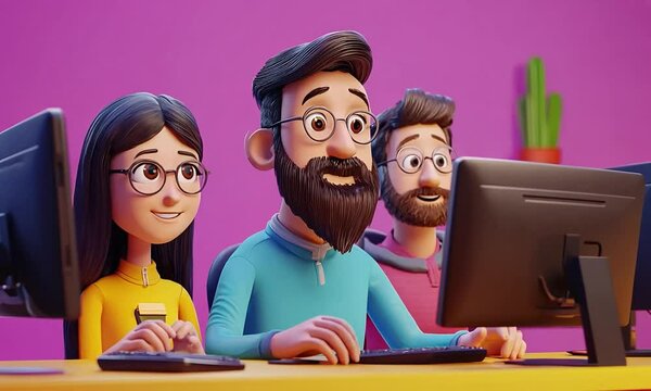 Three animated characters engaged in a lively computer work session with vibrant background