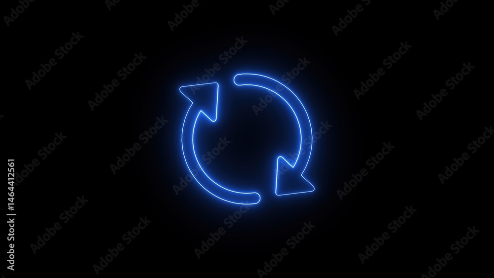 Poster neon blue circular arrows glowing effect on dark background representing process cycle refresh updat