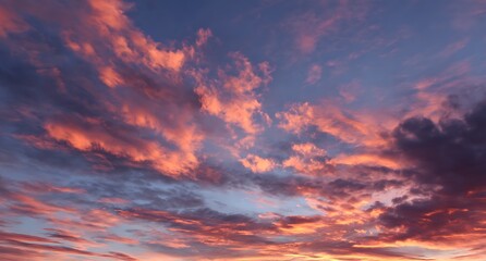 Beautiful sunset sky with colorful clouds, a vibrant orange and pink sunset sky, a view from above the cloud horizon