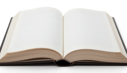 An open book lies flat with blank pages, inviting creativity, notes, or journaling, against a simple, white background.