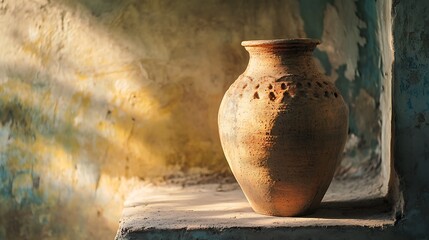 Aged terracotta pot on a weathered shelf.