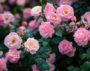 Fototapeta premium Stunning Arrangement of Soft Pink Roses Blooming in a Lush Garden with Green Leaves and Delicate Petals in Natural Light