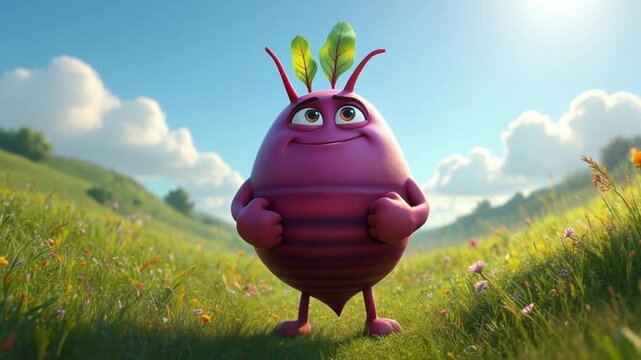 Cheerful Beet Character in a Sunny Meadow