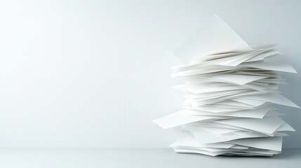 A towering stack of unorganized white papers and sheets creates a visual of chaos, representing the clutter that can accumulate in a workspace or office environment.