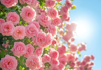 Obraz premium Stunning Close-Up of Fresh Pink Roses with Lush Green Leaves Bathed in Bright Sunshine Against a Clear Blue Sky in a Beautiful Garden Setting