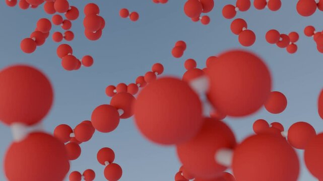 O2 oxygen molecules floating in air. Seamless looping abstract animation of atoms for science video. 