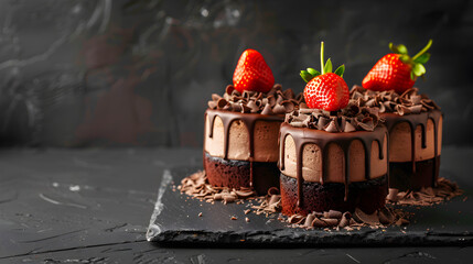 Close-up of chocolate cakes on a black background with copy space