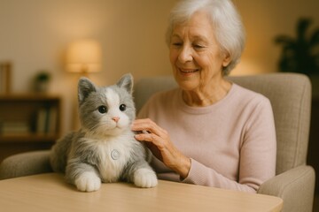 Elderly woman joyfully interacting with robotic cat companion in cozy living room, AI in everyday life concept