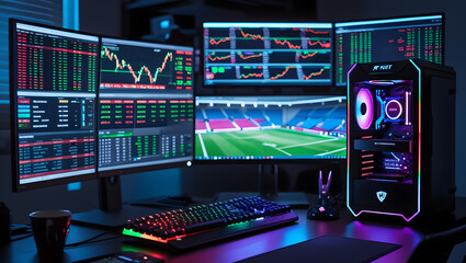This high-resolution image captures a modern, high-tech trading room setup that doubles as a gaming workstation. The sleek black desk features four curved monitors