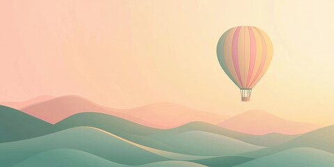 Fototapeta premium Colorful hot air balloon soaring over serene pastel hills during sunrise showcasing peaceful landscapes and dreamy skies in gentle morning light