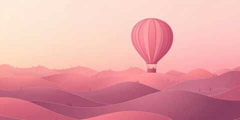 Obraz premium Serene hot air balloon floating above gentle, pastel-colored hills during sunset, with a tranquil atmosphere and soft gradient sky at dusk