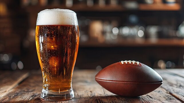A frosty glass of amber beer sits on a rustic wooden table beside a brown football. with warm bokeh lights creating a cozy atmosphere for game day celebrations