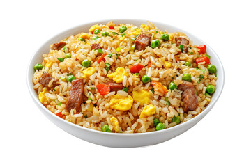Fried rice with peas, scrambled eggs, red bell peppers, and beef pieces in ceramic bowl isolated on white transparent background, concept of Asian cuisine
