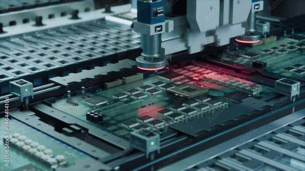 Poster PCB Printing and Prototyping Machine with Robotic Arm Producing Computer Components, Fabricating Circuit Boards with Microchips. Futuristic AI Manufacturing with the Help of Robotics
