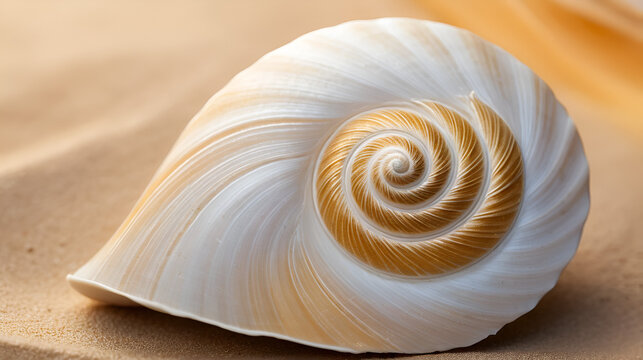 Close-up view of a delicate, swirling pattern on a weathered seashell, showcasing intricate textures and subtle color variations in warm, golden light.