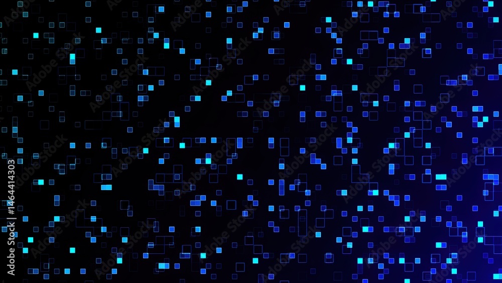 Poster abstract digital data displaying blue glowing squares and outlines against a deep black background r