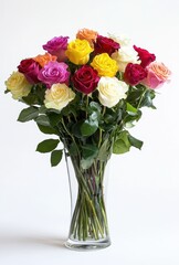 Vibrant Bouquet of Mixed Roses in a Clear Glass Vase Showcasing an Array of Colors Including Red, Yellow, Pink, White, and Purple Blooms on a White Background
