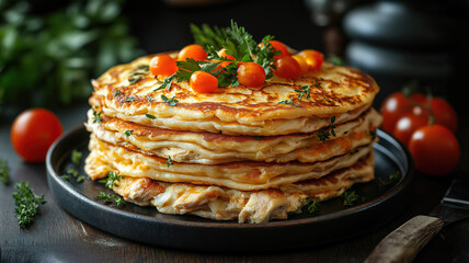 Delicious Maslenitsa pancake stack with chicken and cheese perfect for showcasing Russian cuisine