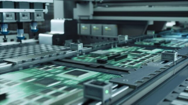 Automated Electronic Components Assembly on an Advanced Factory Conveyor, Working on Circuit Board and Chip Manufacturing. Technological Microelectronics Fabrication Industry Footage