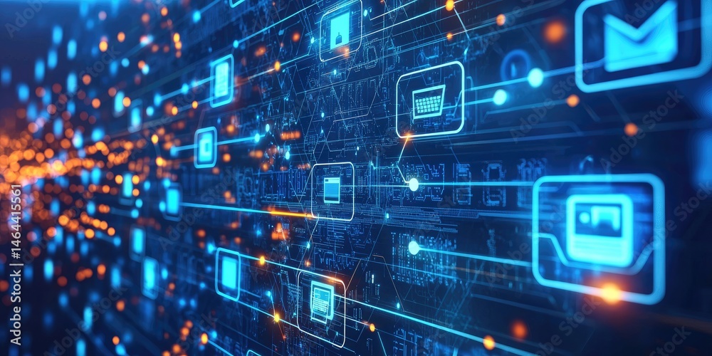 Poster Digital Connection Background with Abstract Technology Patterns and Glowing Icons Representing Data Flow and Network Communications