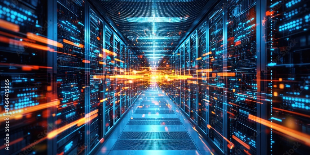 Poster High-Tech Data Center with Illuminated Server Racks and Dynamic Light Trails Representing Data Flow and Connectivity in Modern IT Infrastructure