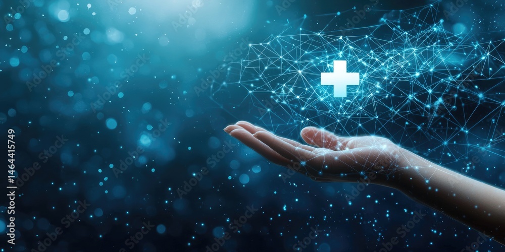 Poster a human hand reaching out to a digital health symbol against a abstract blue background representing