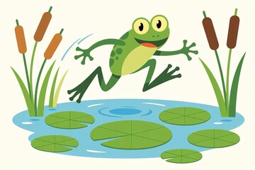Obraz premium Cartoon frog jumps happily above water lilies and cattails in a marshy wetland