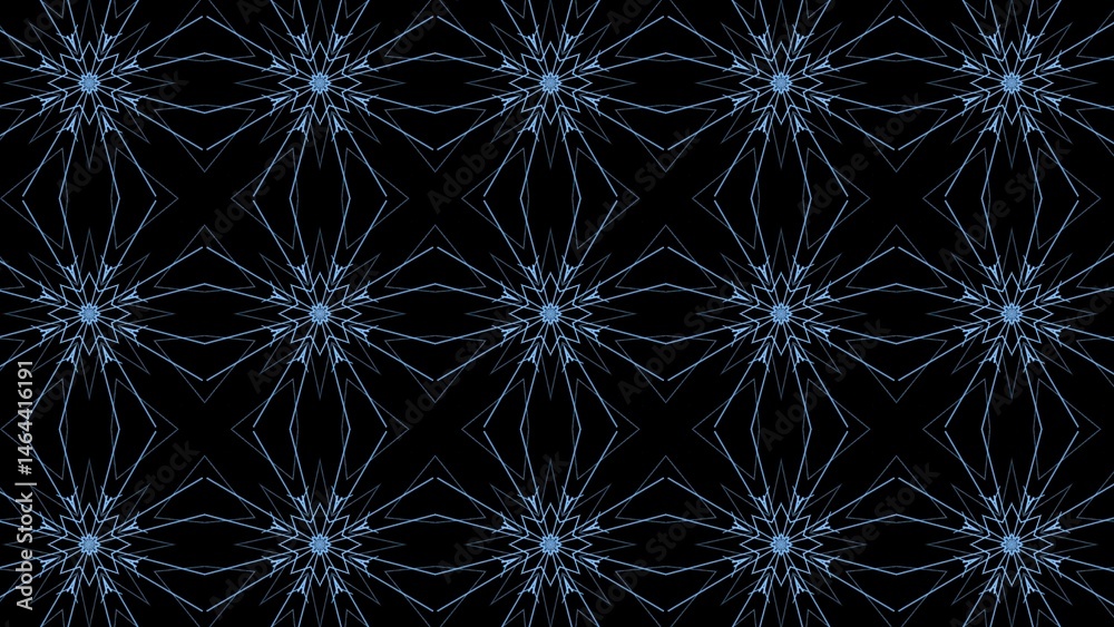 Poster elegant geometric pattern with intricate blue lines over a black background creating a repeating and