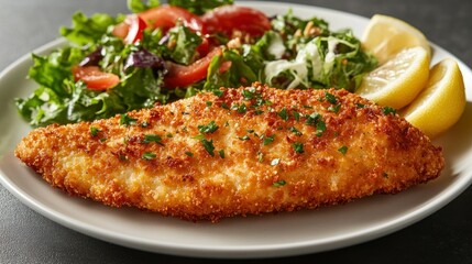 Crispy breaded fish fillet with fresh salad and lemon
