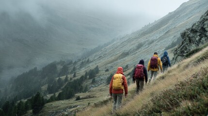 Obraz premium Group of friends hiking in mountain terrain 