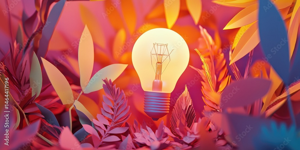 Poster a beautifully crafted light bulb surrounded by colorful paper leaves in a vibrant and artistic jungl