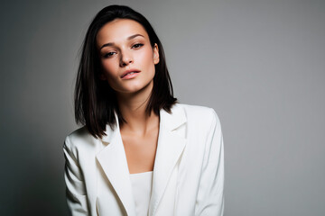Obraz premium portrait of a young elegant woman with straight dark hair and natural makeup, wearing a white blazer, soft studio lighting