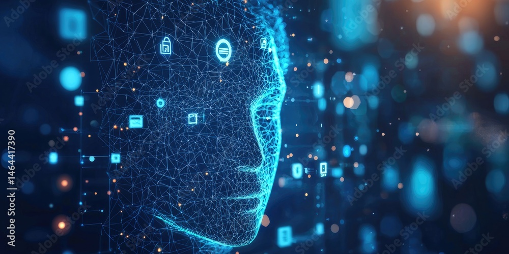 Poster Digital Human Head Outline Created with Blue Particle Network Representing Technology and Artificial Intelligence Concepts