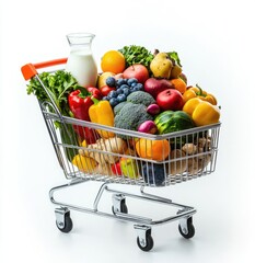 Healthy grocery shopping cart filled with fresh produce and dairy