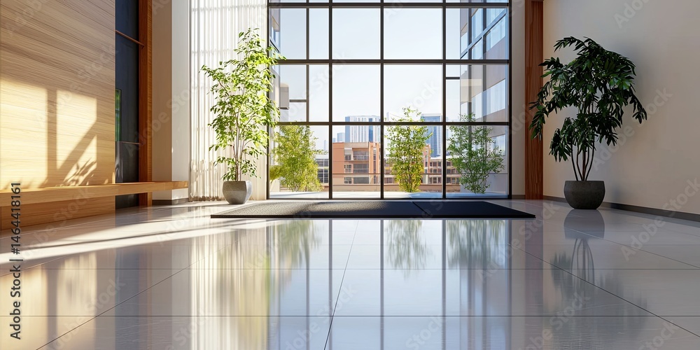 Fototapete Bright and Spacious Minimalist Interior Design with Large Windows and Reflective Floor in Modern Architecture Setting