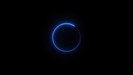 A minimalist neon blue glowing circle element over black background representing progress, loading, or technology concept with a sleek modern design.