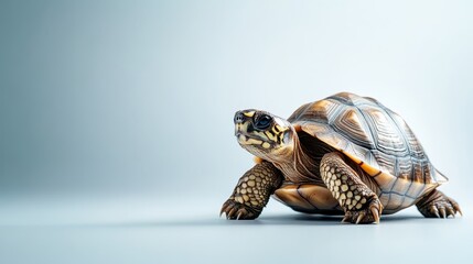 This vibrant tortoise strides purposefully over a minimalist surface, highlighting its intricate shell patterns against a soft blue backdrop that evokes tranquility.