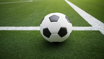 A close-up of a black and white soccer ball resting on the field, emphasizing the excitement and thrill of the sport.