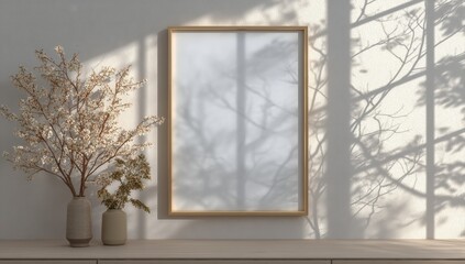Obraz premium Minimalist interior with a blank wooden frame, vases, and soft tree shadows cast on a textured wall.