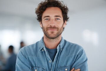 Obraz premium creative project manager stands confidently with crossed arms in modern office setting