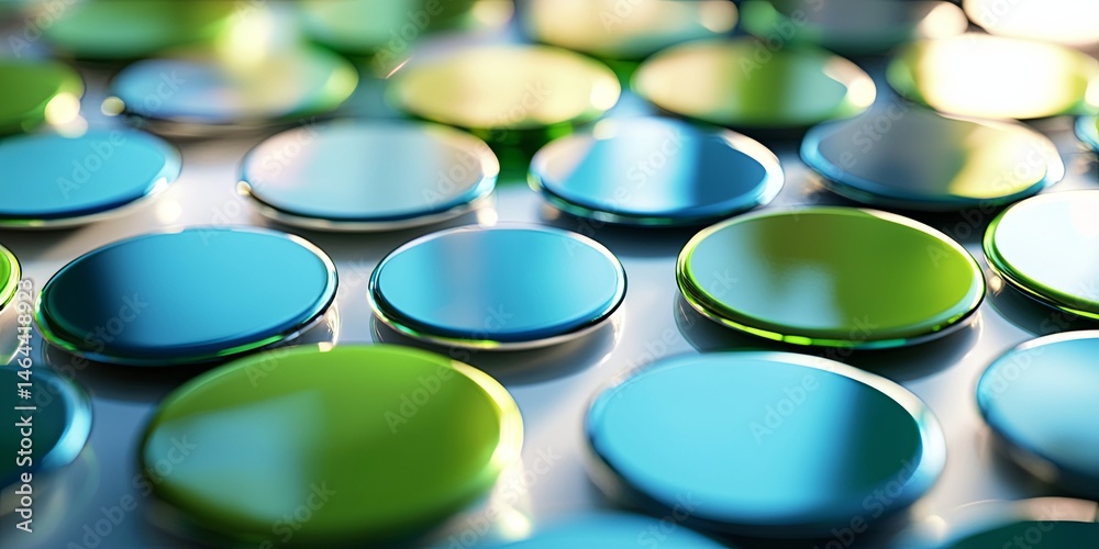 Poster abstract digital art featuring vibrant shades of blue and green, showcasing a mosaic of circles and 