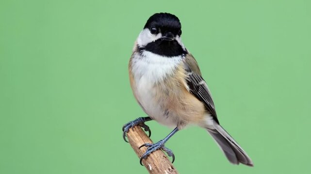A carolina chickadee perched on a small twig with a green background in a close up shot green screen video