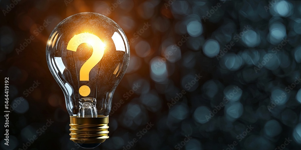 Poster illuminated light bulb with a glowing question mark symbolizing curiosity, inquiry, and bright ideas