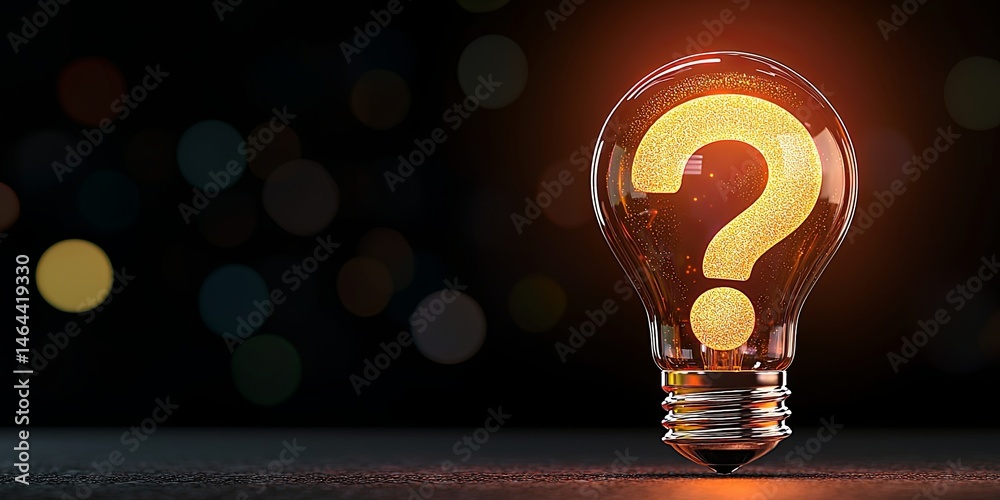 Poster illuminated light bulb with a glowing question mark symbolizing curiosity, inquiry, and bright ideas