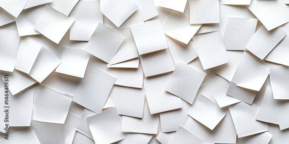 Poster Abstract white texture of scattered paper sheets creating a minimalistic wall backdrop for creative designs or presentations, ideal for artistic projects or themes