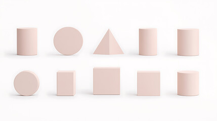 Obraz premium Geometric Shapes: A Minimalist Collection. Soft pink cylinders, spheres, cubes, and a pyramid create a simple, modern aesthetic on a clean, white background.