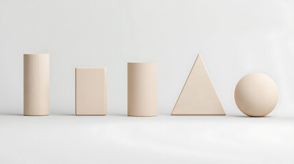 Geometric Shapes: Cylinder, Rectangle, Triangle, and Sphere on a Seamless White Background.