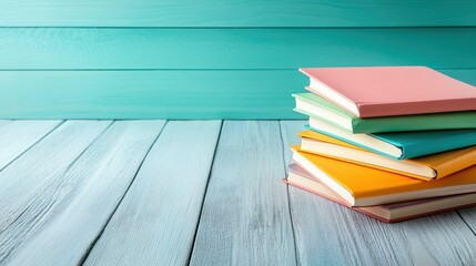 This image features a neatly stacked arrangement of colorful books on a wooden surface, highlighting the beauty of literature and organization in a tranquil setting.