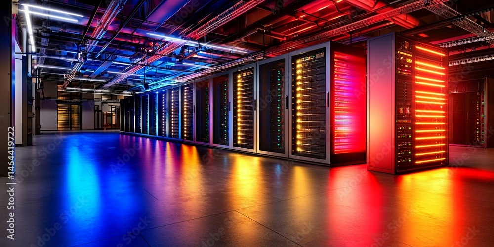 Poster High-Tech Data Center with Illuminated Server Racks and Dynamic Light Trails Representing Data Flow and Connectivity in Modern IT Infrastructure