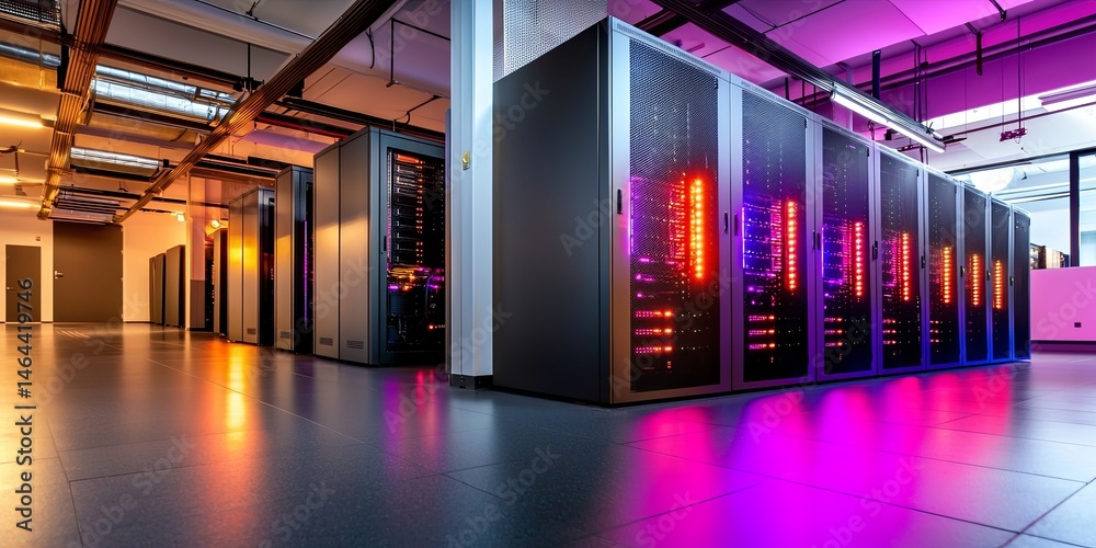 Poster High-Tech Data Center with Illuminated Server Racks and Dynamic Light Trails Representing Data Flow and Connectivity in Modern IT Infrastructure